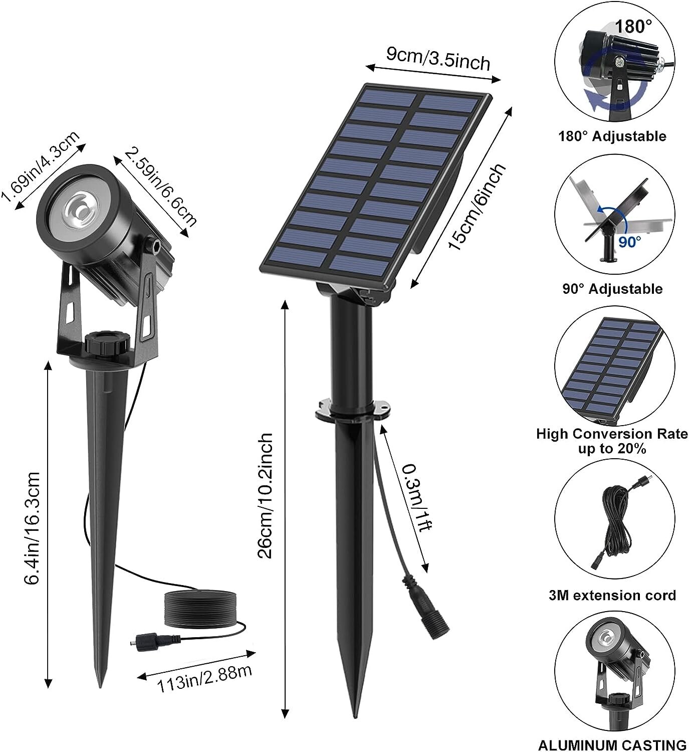 T-SUN Solar LED Landscape Spotlight Garden Outdoor Yard Wall Lamp Pathway Lights