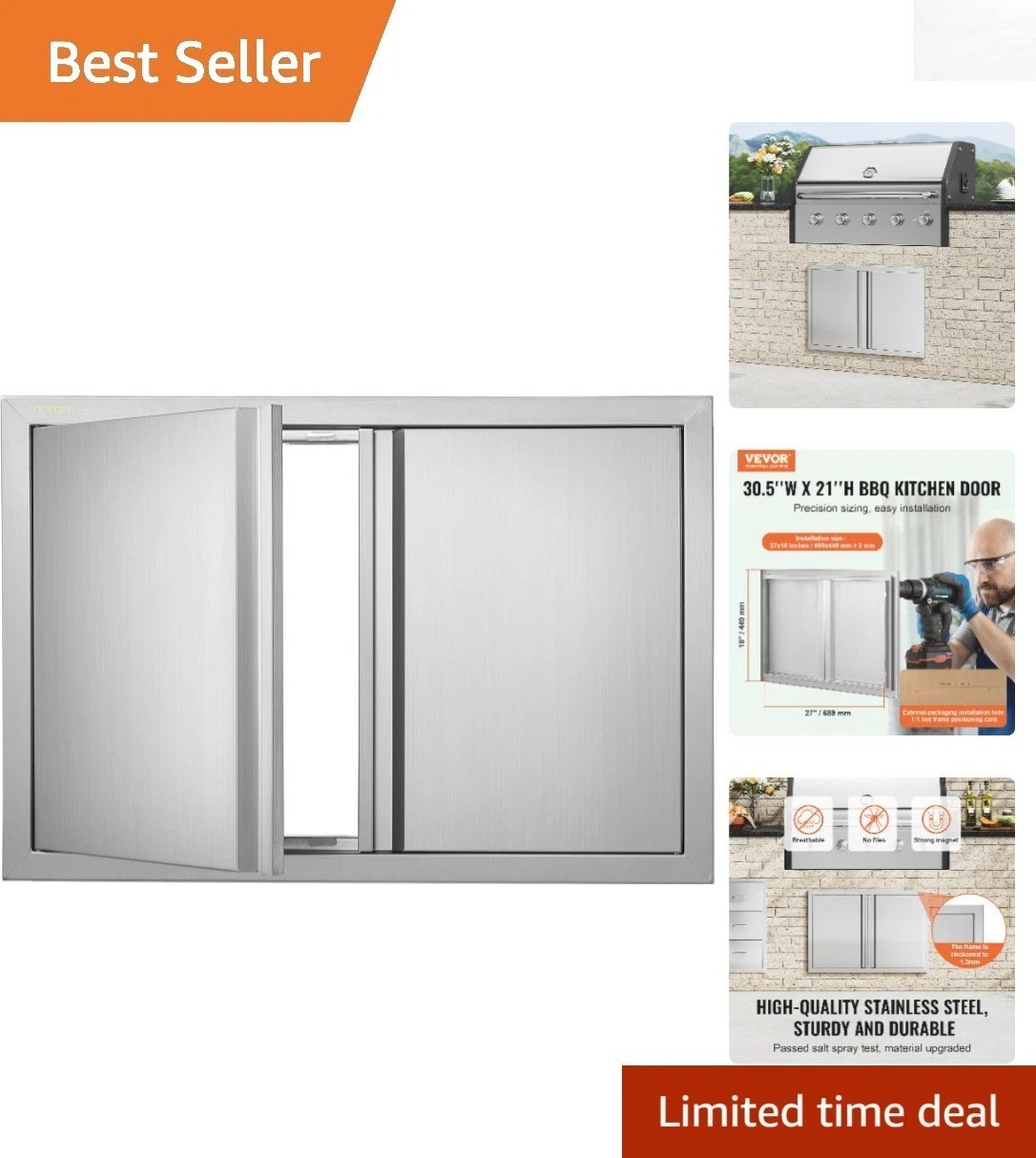 Reversible Outdoor Kitchen BBQ Access Door – 30.5W x 21H Inch Stainless Steel