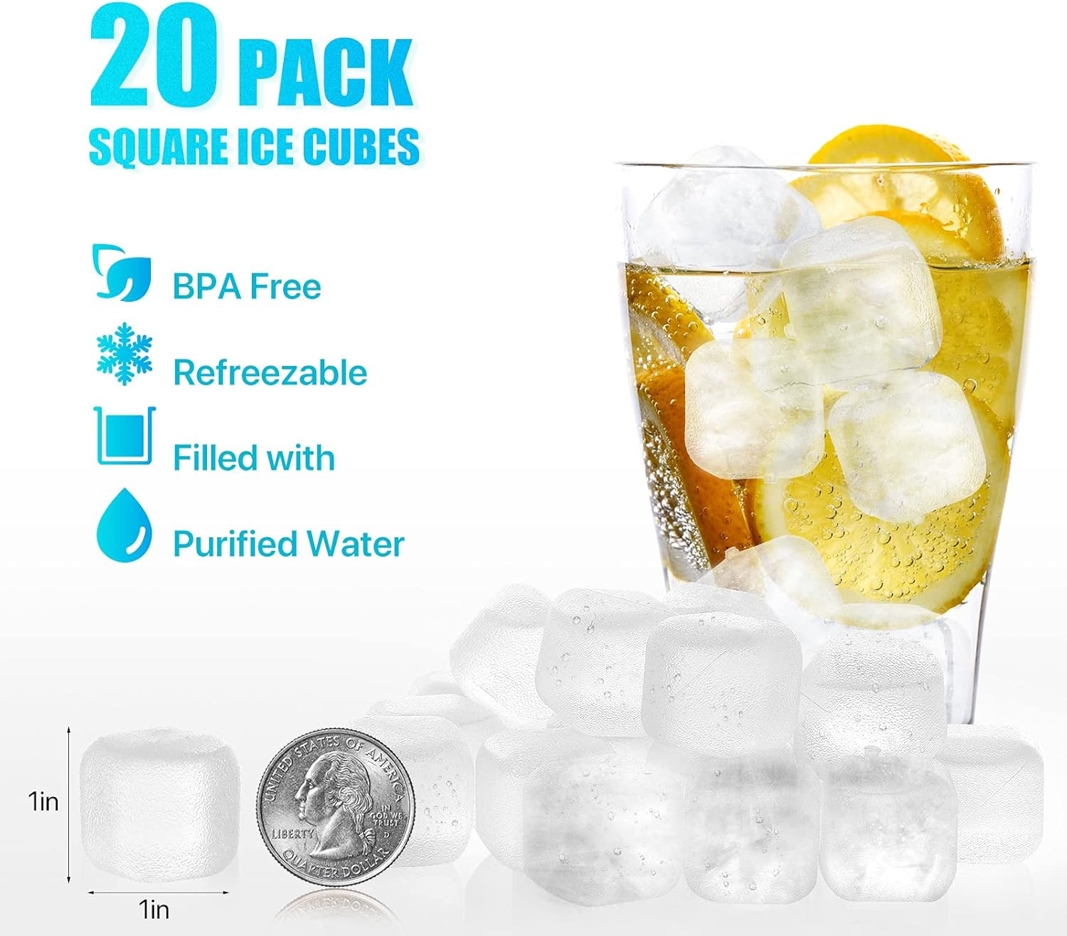 Reusable Ice Cubes for Drinks, 20 Pack Refreezable Plastic Ice Cubes BPA Free
