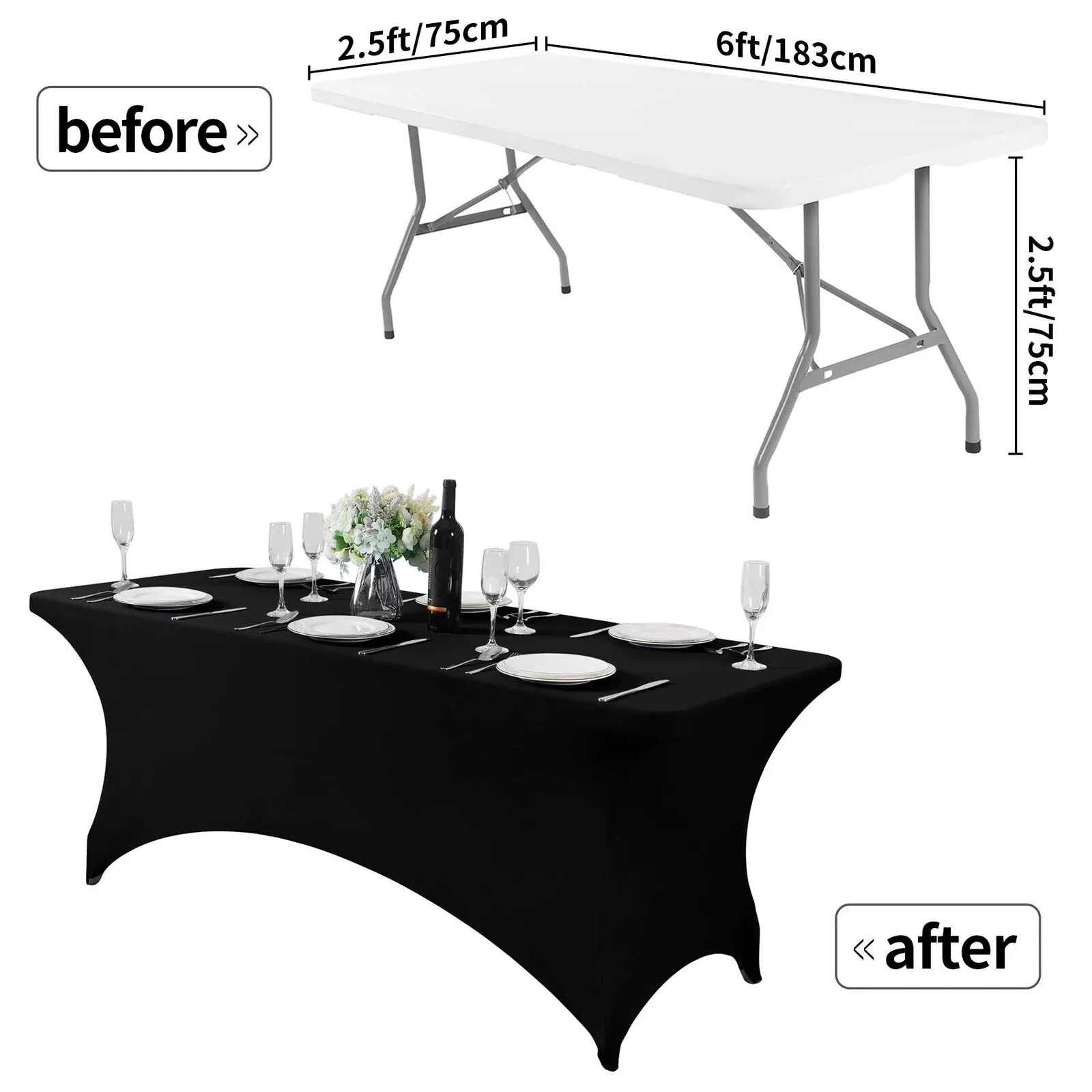 2Pack, 6FT Spandex Table Cover Fitted Rectangular Tablecloth 2PC 6FT Black