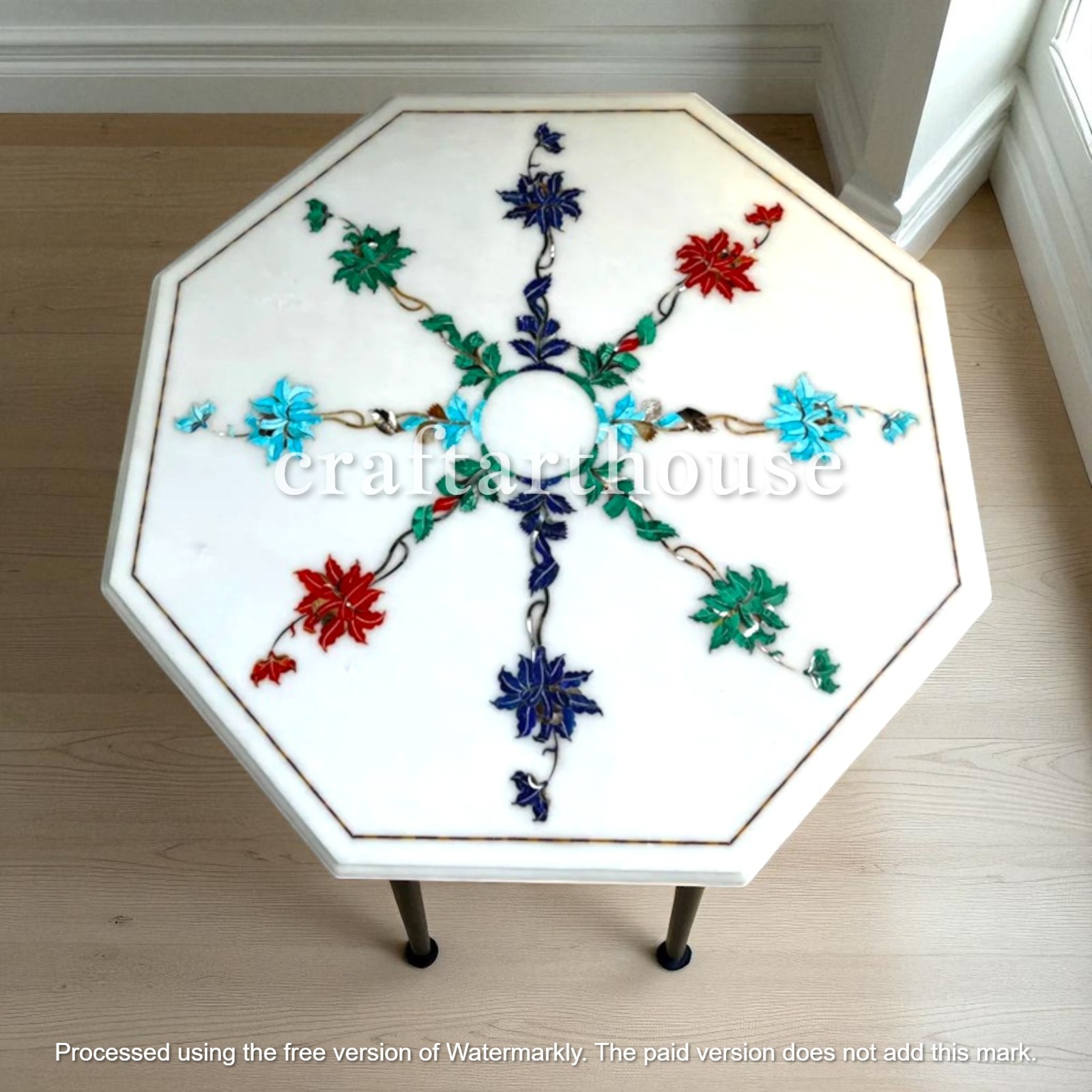 White Marble Inlay Coffee Tabletop Marquetry Modern Artwork with Precious Stone