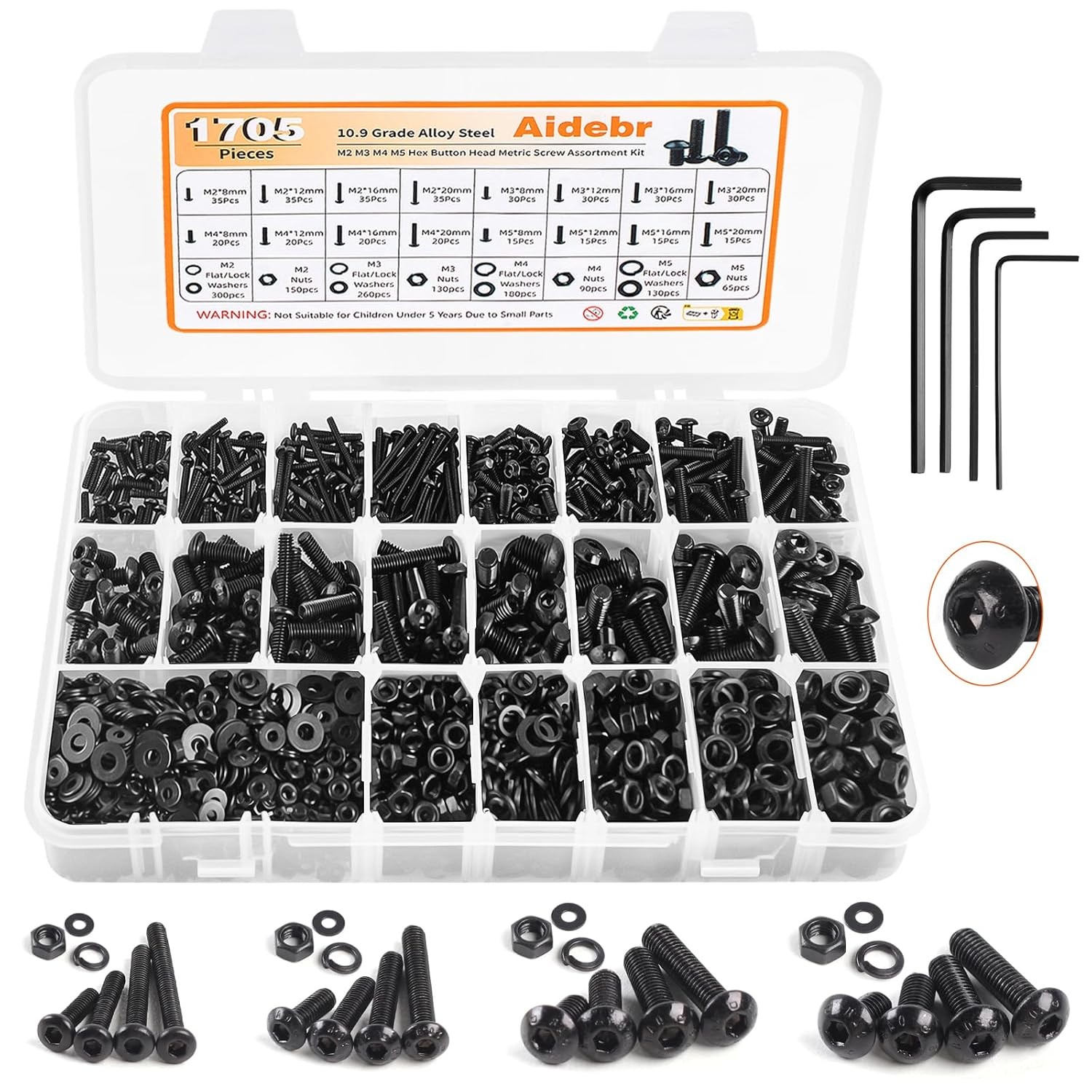 M2 M3 M4 M5 Hex Socket/Button Head Cap Screws Bolts Nuts Washers Assortment Kit
