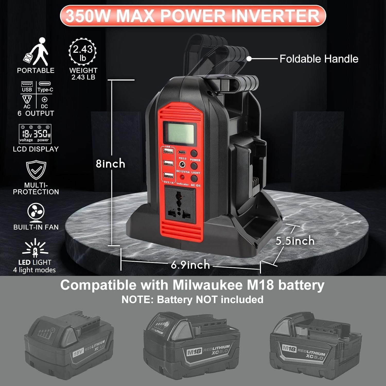 2 Port Power Inverter for Milwaukee 18V Battery DC 18V~AC 120V Battery Converter