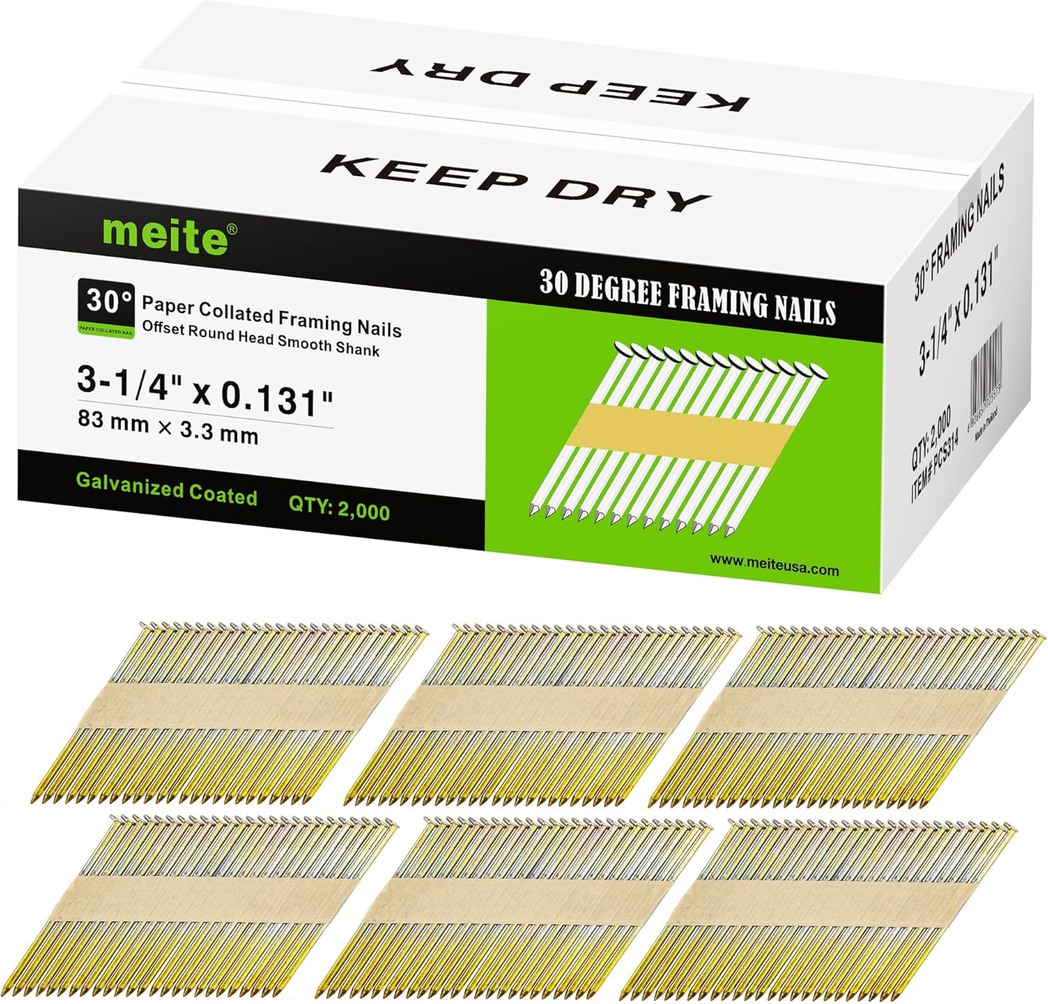 meite Framing Nails 30-Degree Offset Round Head Smooth Shank Galv. Framing Nails