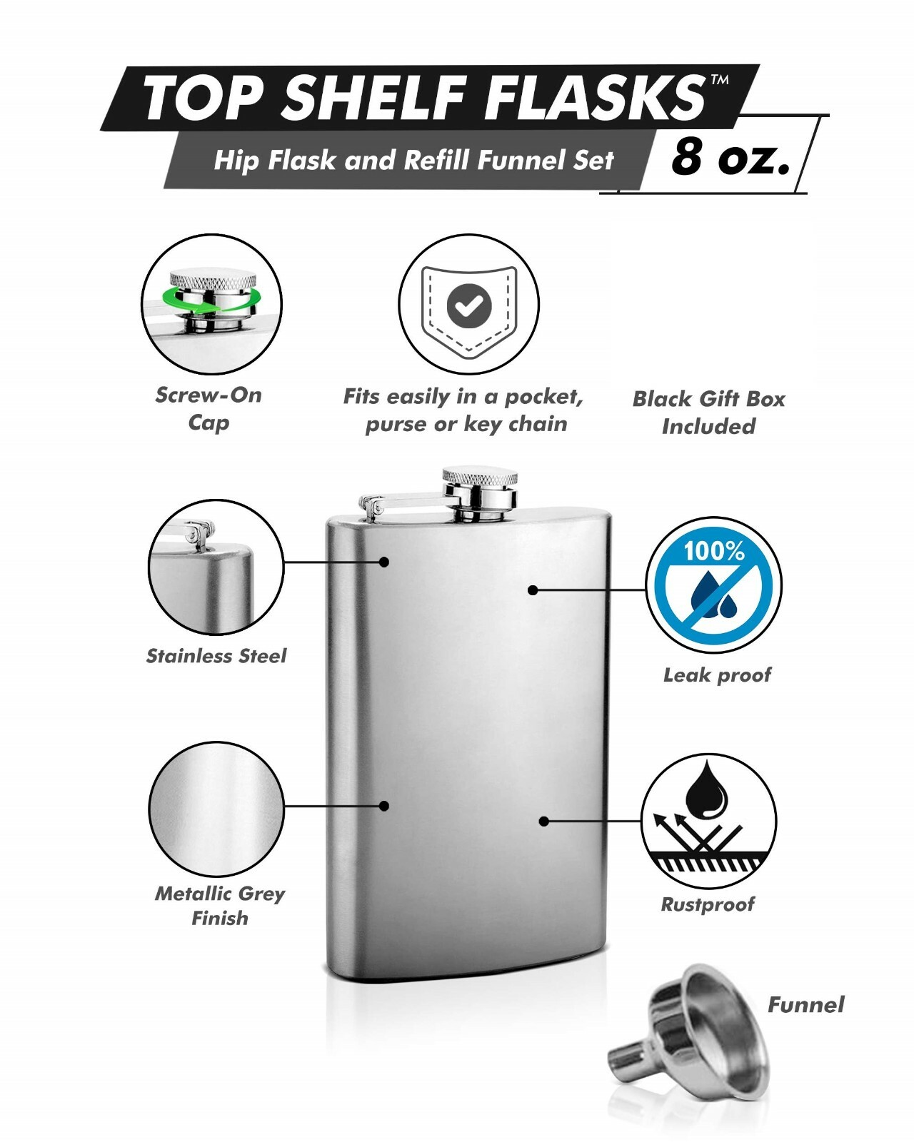 Top Shelf Flasks Stainless Steel Flask & Funnel Set, 8oz