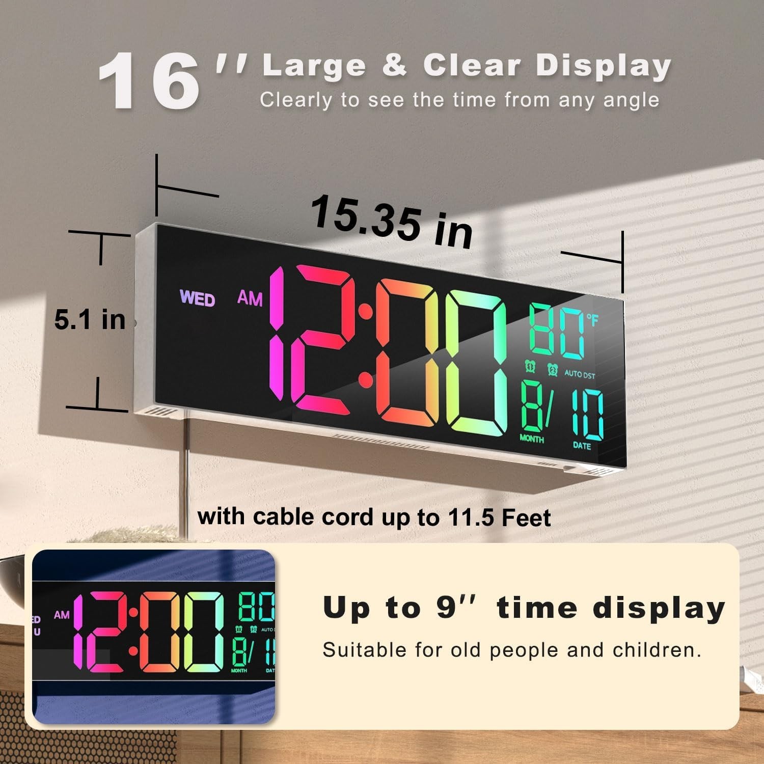 16” Large Digital Wall Clock with Remote Control Big LED Dual Alarm 8 RGB New