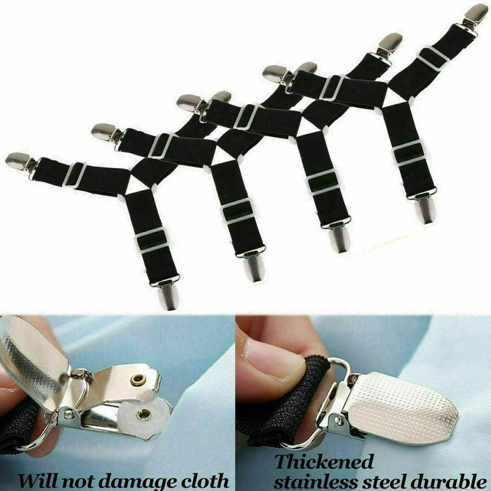 4Bed Sheet Fasteners Adjustable Elastic Suspenders Straps Mattress Covers Clips.