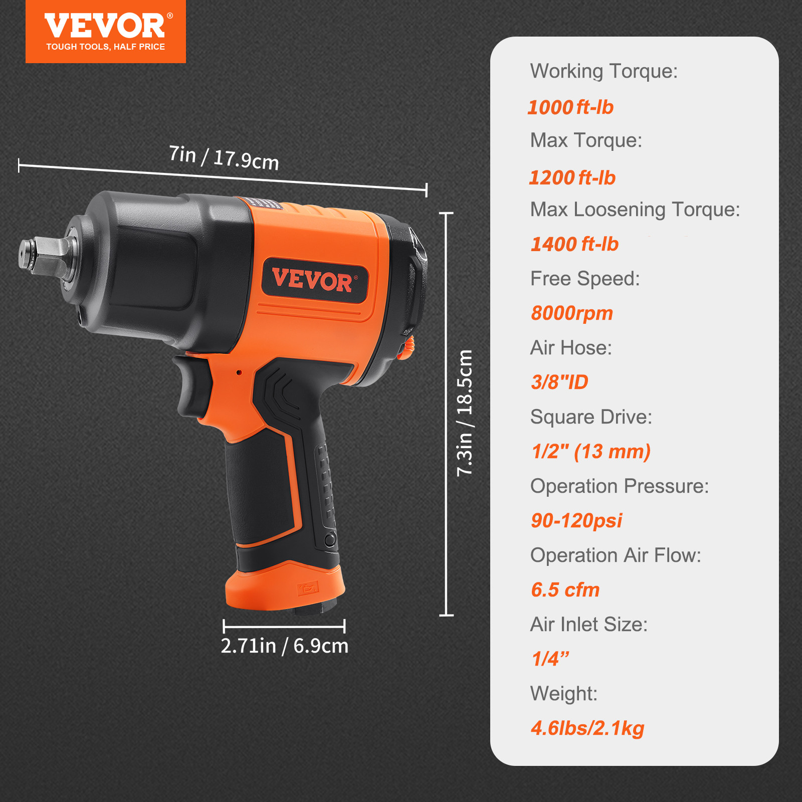 VEVOR Air Impact Wrench 1/2″ Square Drive 1400ft-lb Nut-busting Torque 90-120PSI