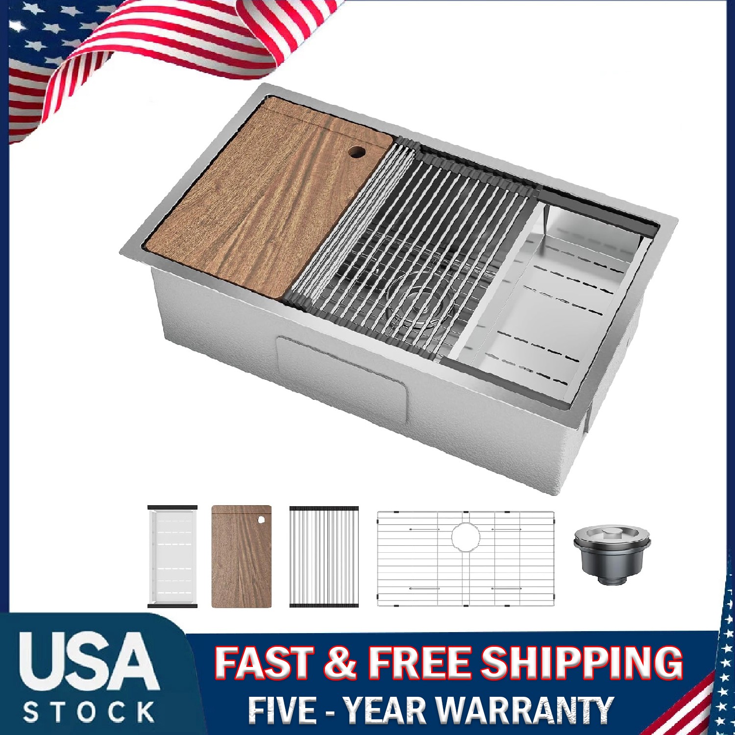 Undermount Kitchen Sink ,32x19x10″ Stainless Steel Single Bowl Sink Workstation