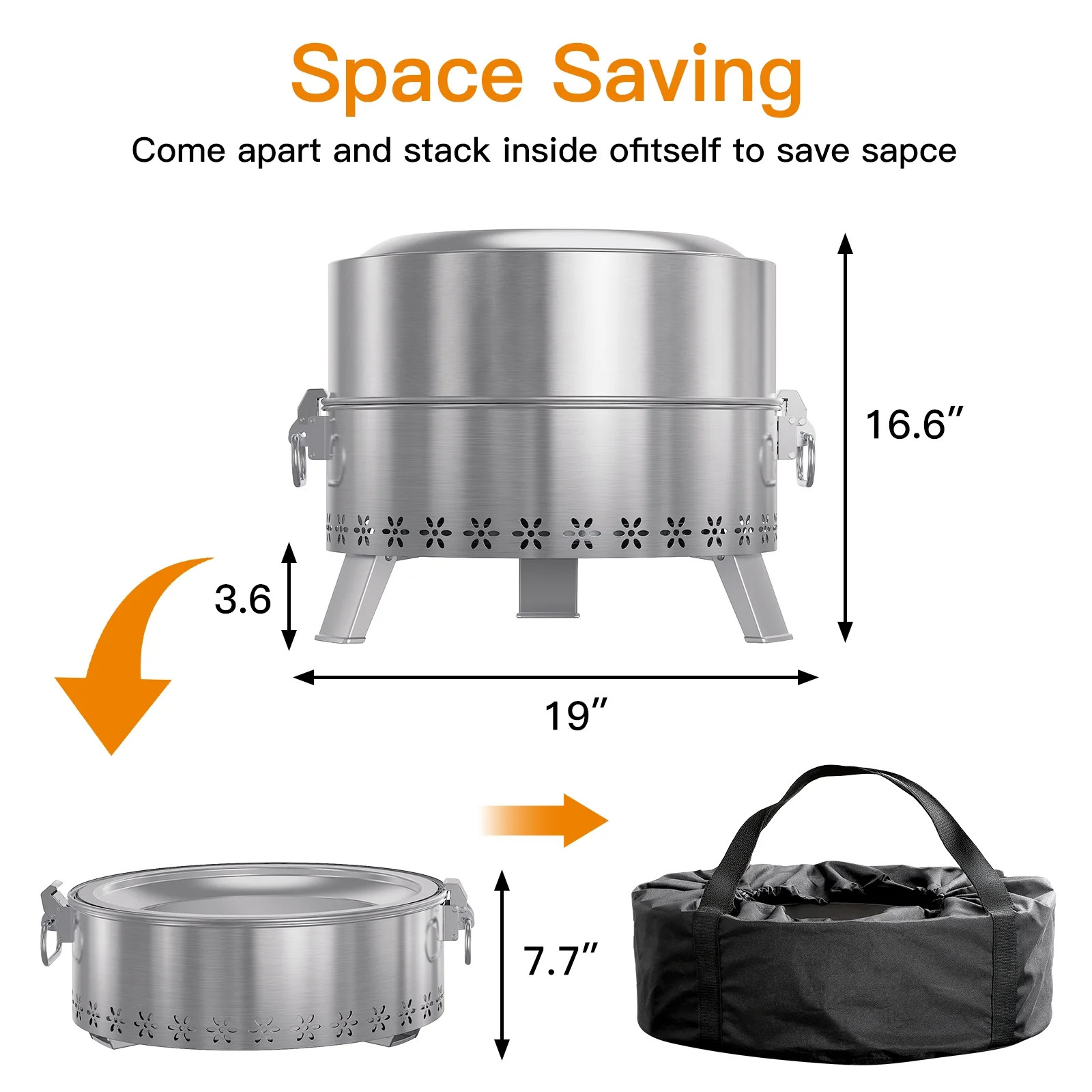 CHITOOMA 19 Inch Smokeless Fire Pit for Outside, Stainless Steel Wood with