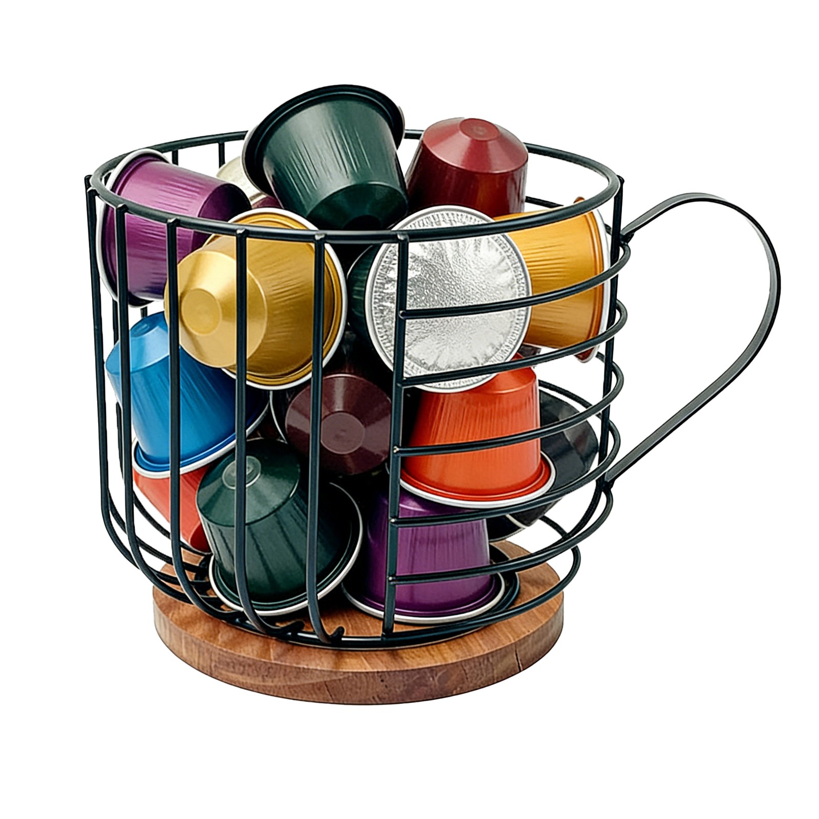 Metal Wire Design Coffee Capsule Holder With Wooden Base 8.39*6.1*6.1in