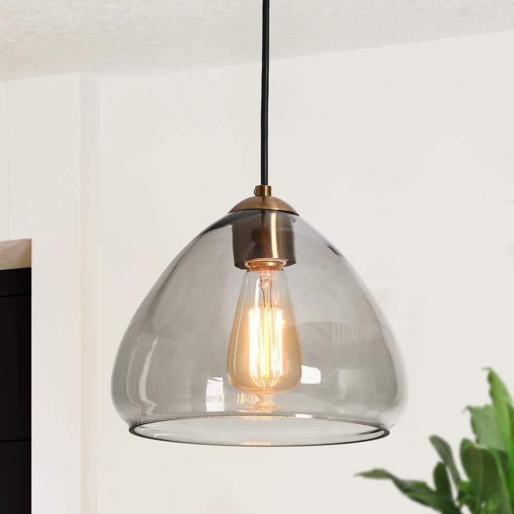 Uolfin 1-Light Modern Gold Black Pendant Light Smoke Gray Glass 9.8 in