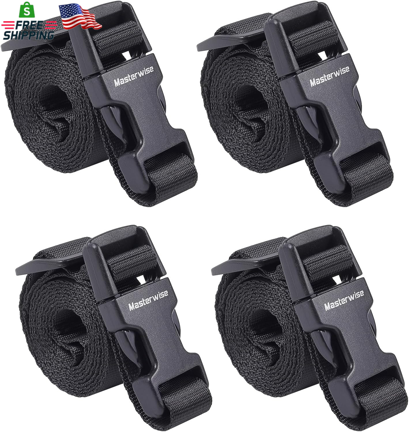 Buckle Straps with Clips, Adjustable Nylon Straps with Buckle, Black 4 Pack (4‘X