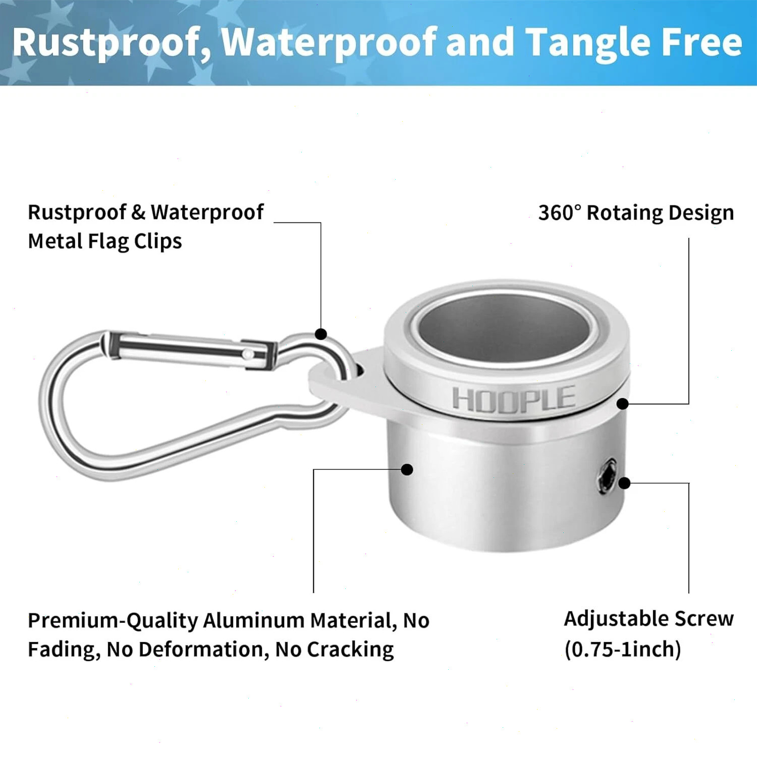 Flag Pole Rings, Aluminum Alloy 360° Rotating Anti Wrap Flag Spinning Ring Clips