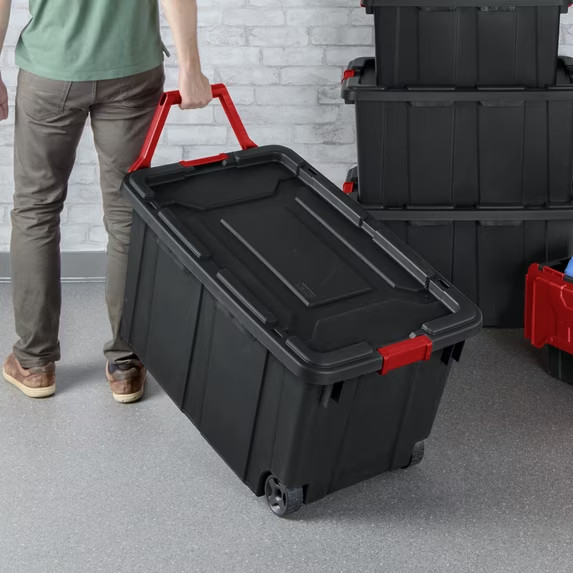40-Gallon Wheeled Industrial Storage Bin w/ Latching Lid & Pull Handle, 2 Pack