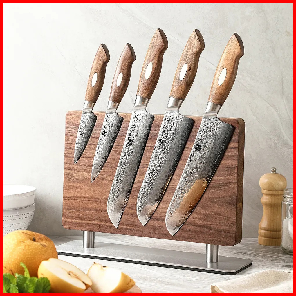 Walnut Solid Wood+430 Stainless Steel Wood Knife Stand Kitchen Supplies M