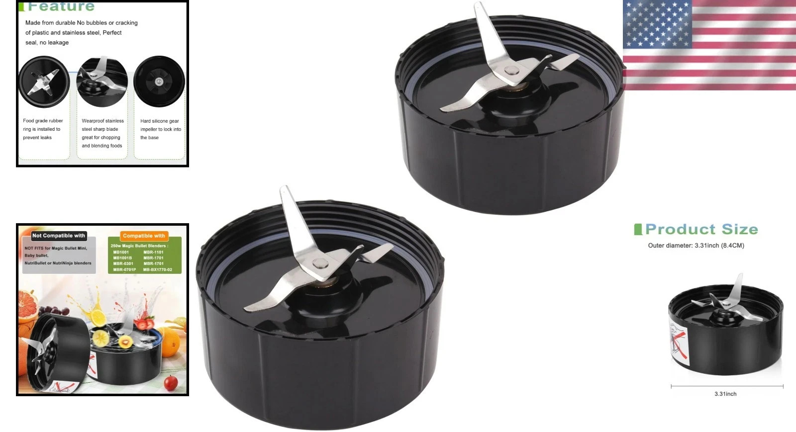 2-Pack Cross Blade With Gasket For Magic Bullet Blender MB-1001 Replacement Part
