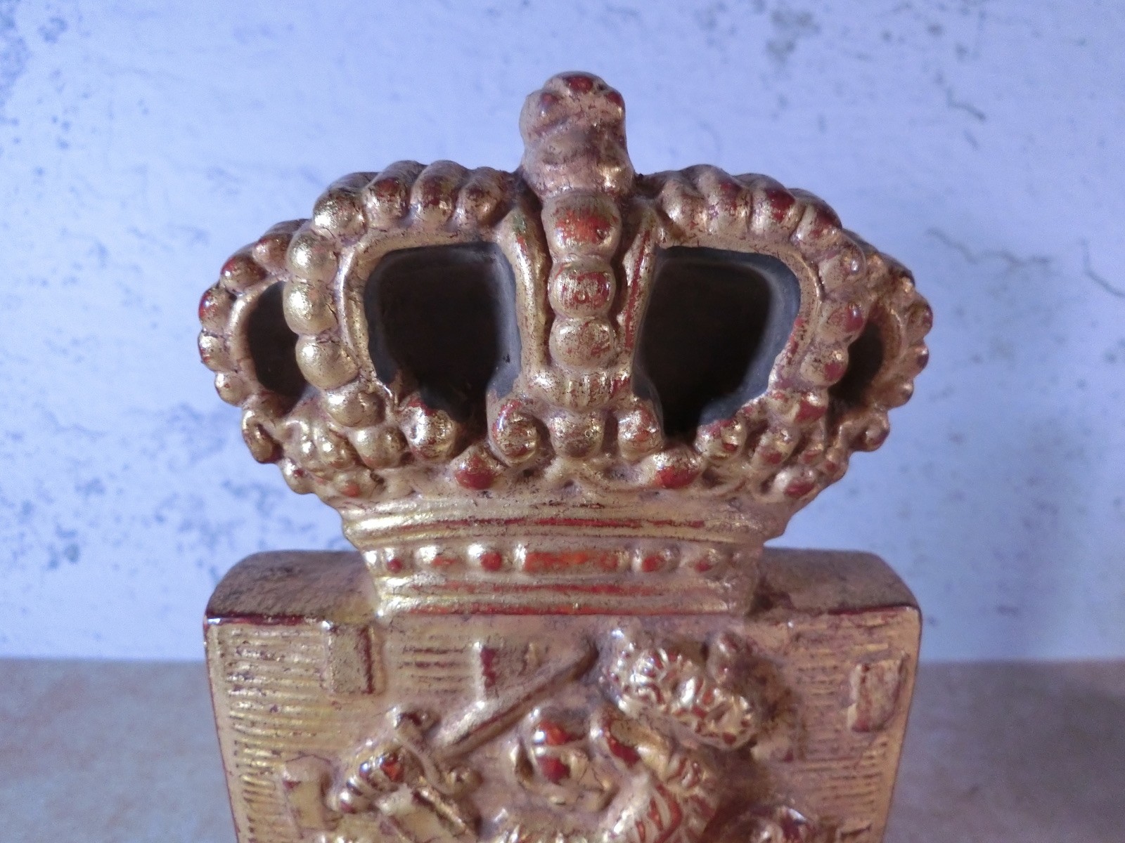 Gold Gilded Regal Lion & Crown Bookends w/Marbleized Base English British Style