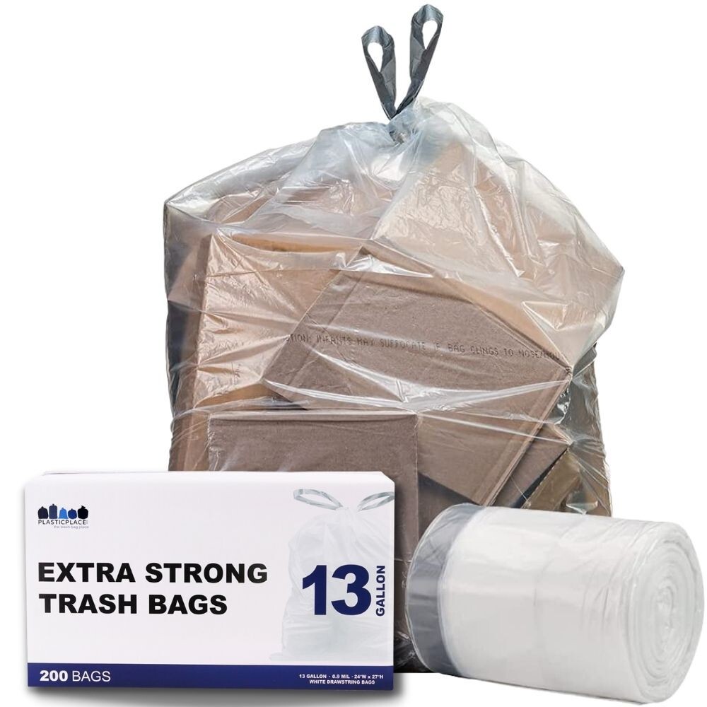 Plasticplace 13 Gallon Extra Tall Drawstring Trash Bags -Clear, Case of 200 Bags