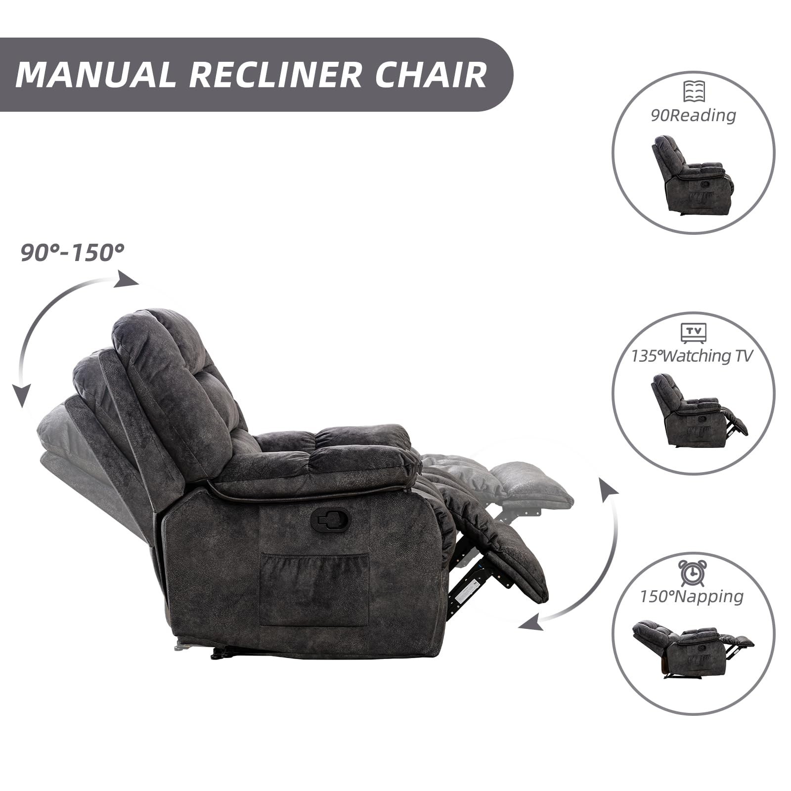 Canmov Manual Recliner Chair with Vibration Massage and Heat, Soft Fabric Chair