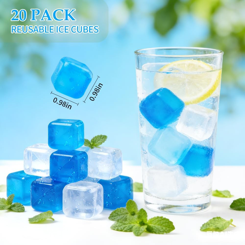 Reusable Ice Cubes, Plastic Ice Cubes for Drinks, 20 Pack Refreezable Square