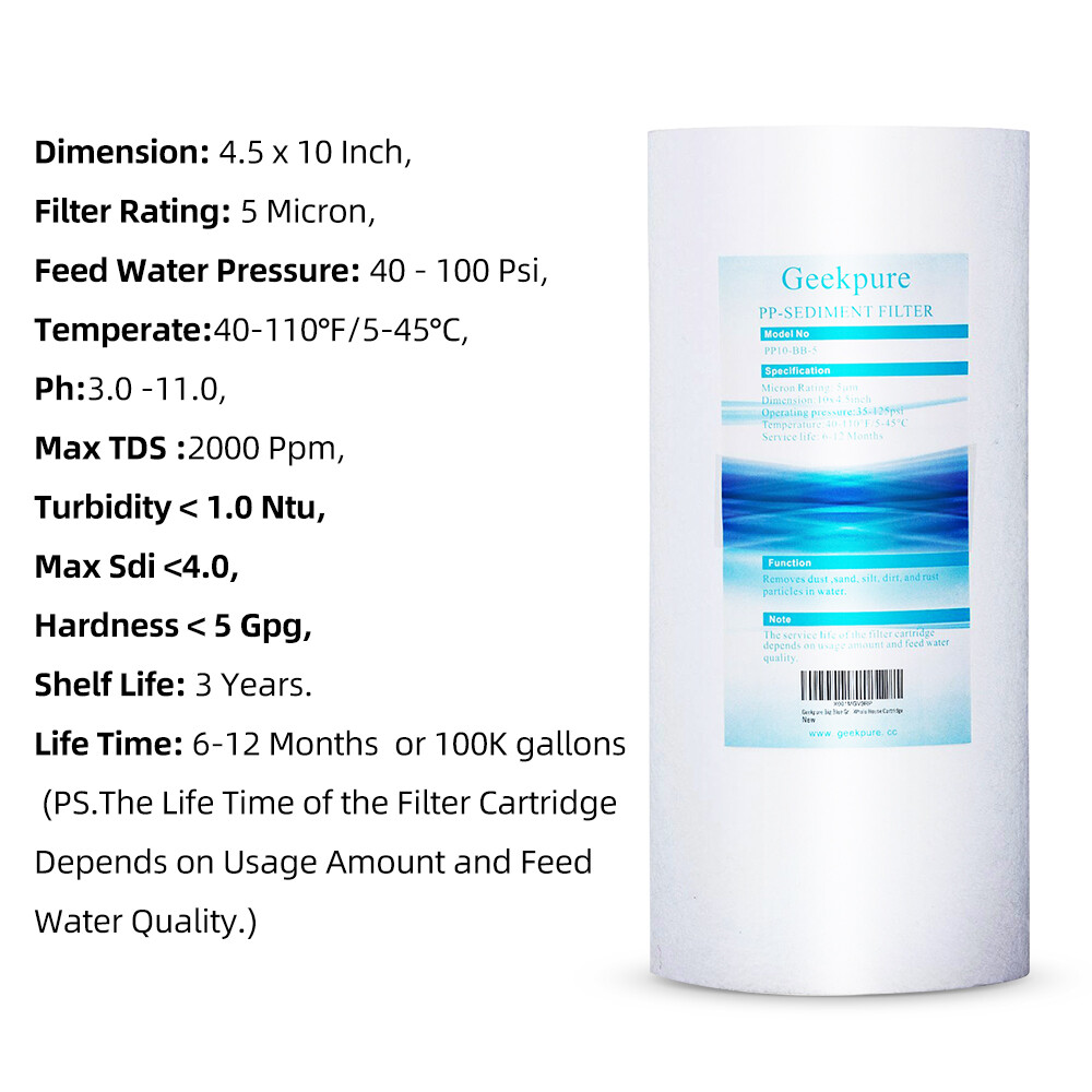 Geekpure 4 Pack PP Sediment Replacement Water Filter 4.5″ x 10″ – 5 Mic