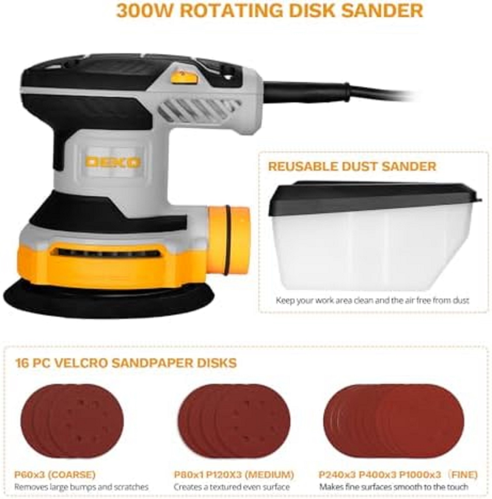 Orbital Sander Corded Hand Sander: 5″ Random Orbital Sander with Dust Box, 6 Va