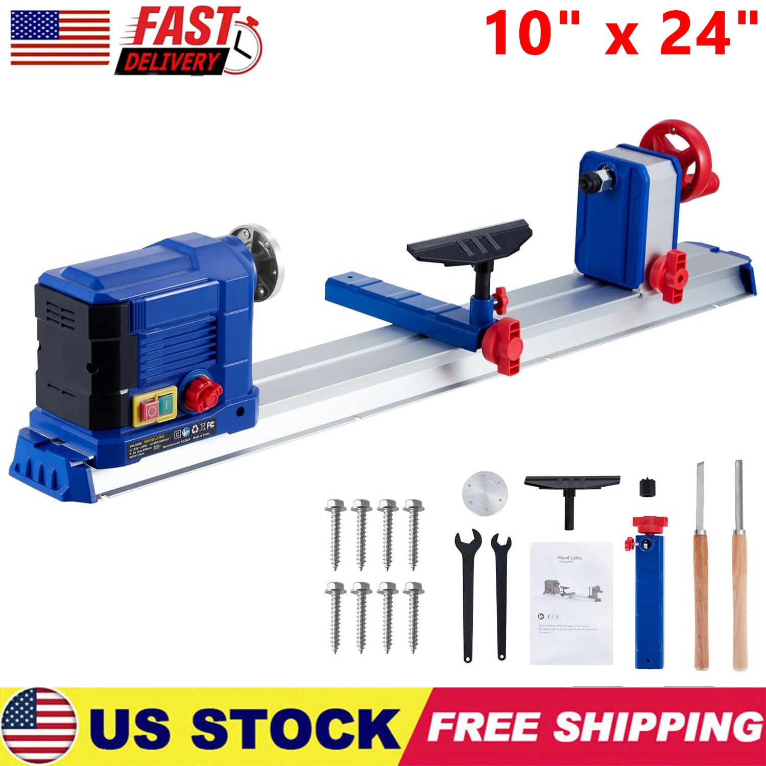 Wood Lathe 10″ x 24″ Wood Turning Benchtop Wood Lathe Variable Speed 0.8 HP 600W