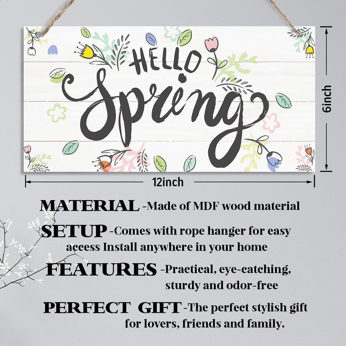 Hello Spring Sign Wall Sign, Decorative Hanging 30X15cm, 01