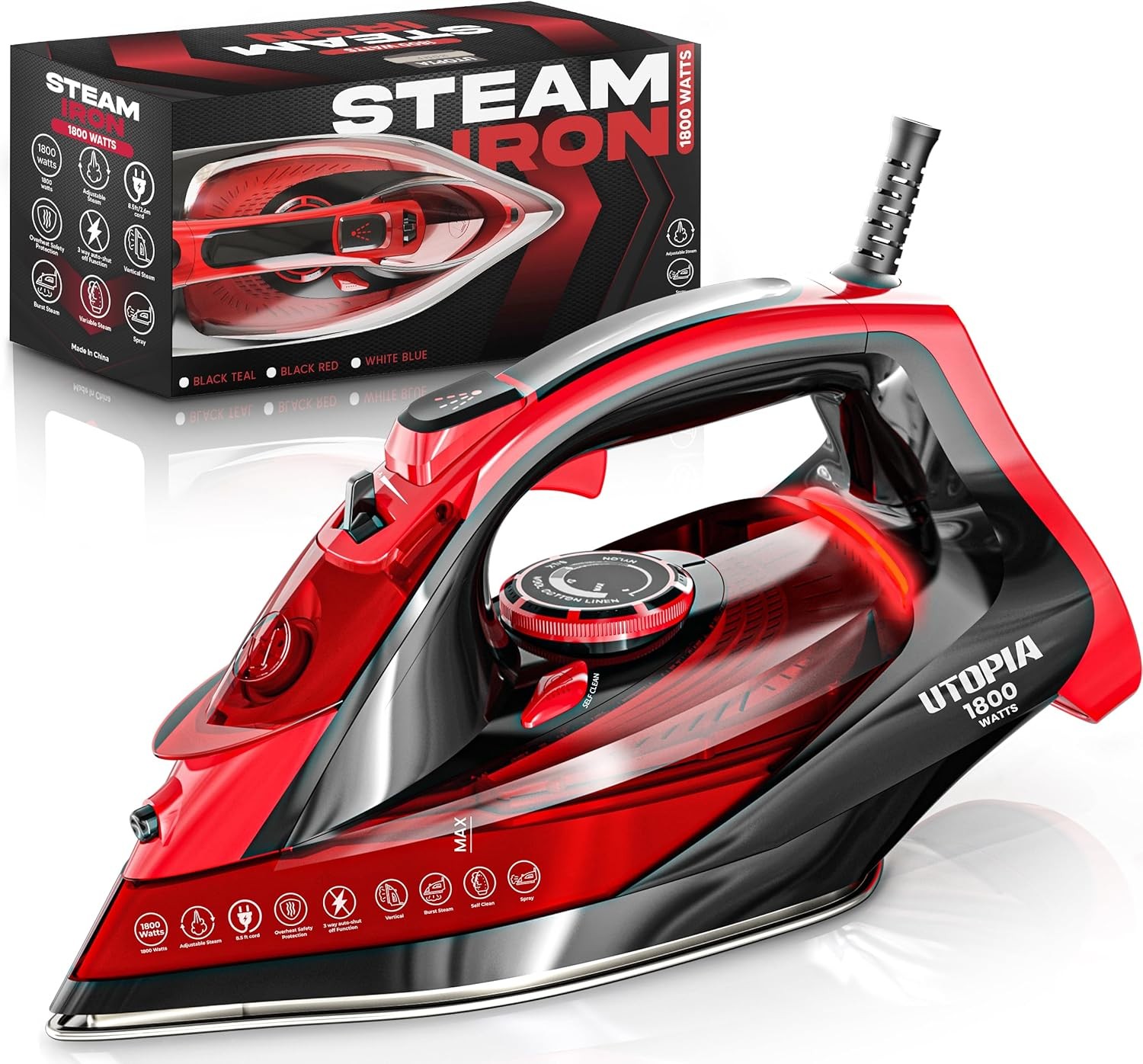 Utopia Home Iron for Clothes 1800W Adjustable Steam Self Clean Black Red