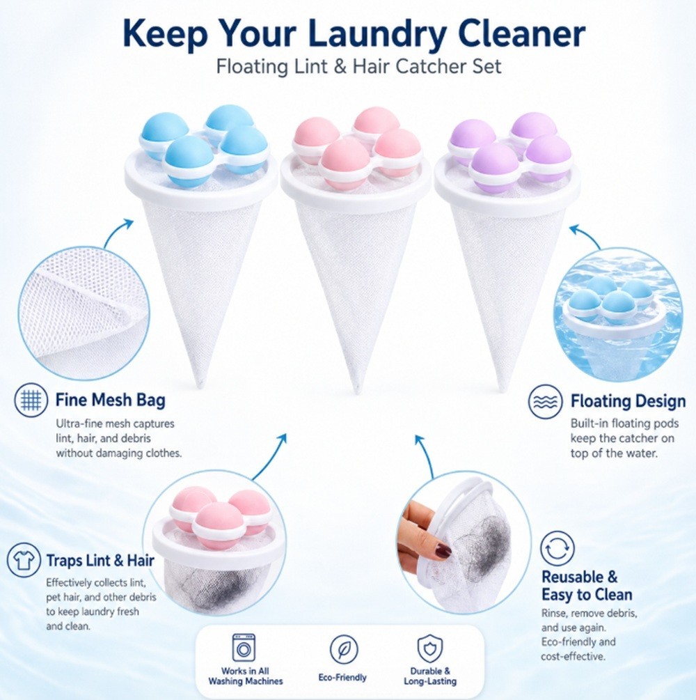 3 Reusable Laundry Lint Catcher & Pet Hair Remover Washing Machine Lint Mesh Bag