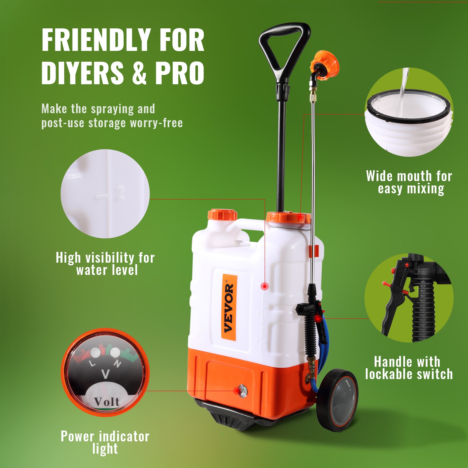 VEVOR Battery Powered Backpack Sprayer with Wheel 4 Gal Tank 0-94 PSI Adjustable