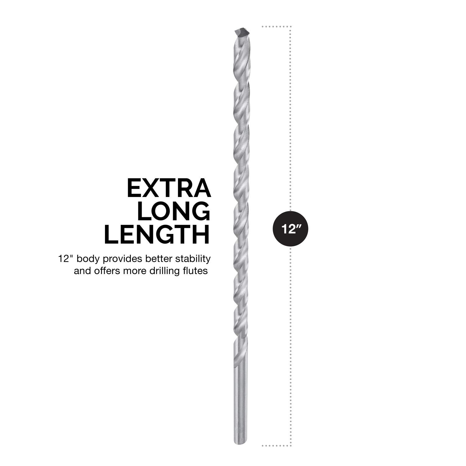 Extra Long Drill Bit Set 5-Piece 1/8, 3/16, 1/4, 5/16, and 3/8-Inch M2 HSS Steel