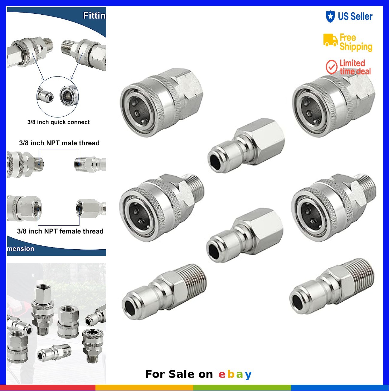 Pressure Washer Quick Connect Fittings 3/8 Inch NPT Stainless Steel 8 Piece