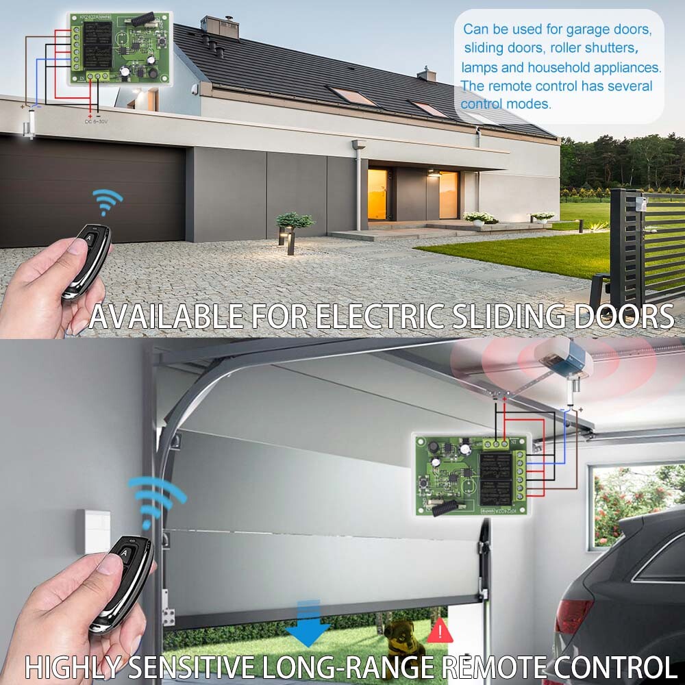 12V 24V 2CH Relay 433MHz Universal Remote Control Switch for Garage Door, Light