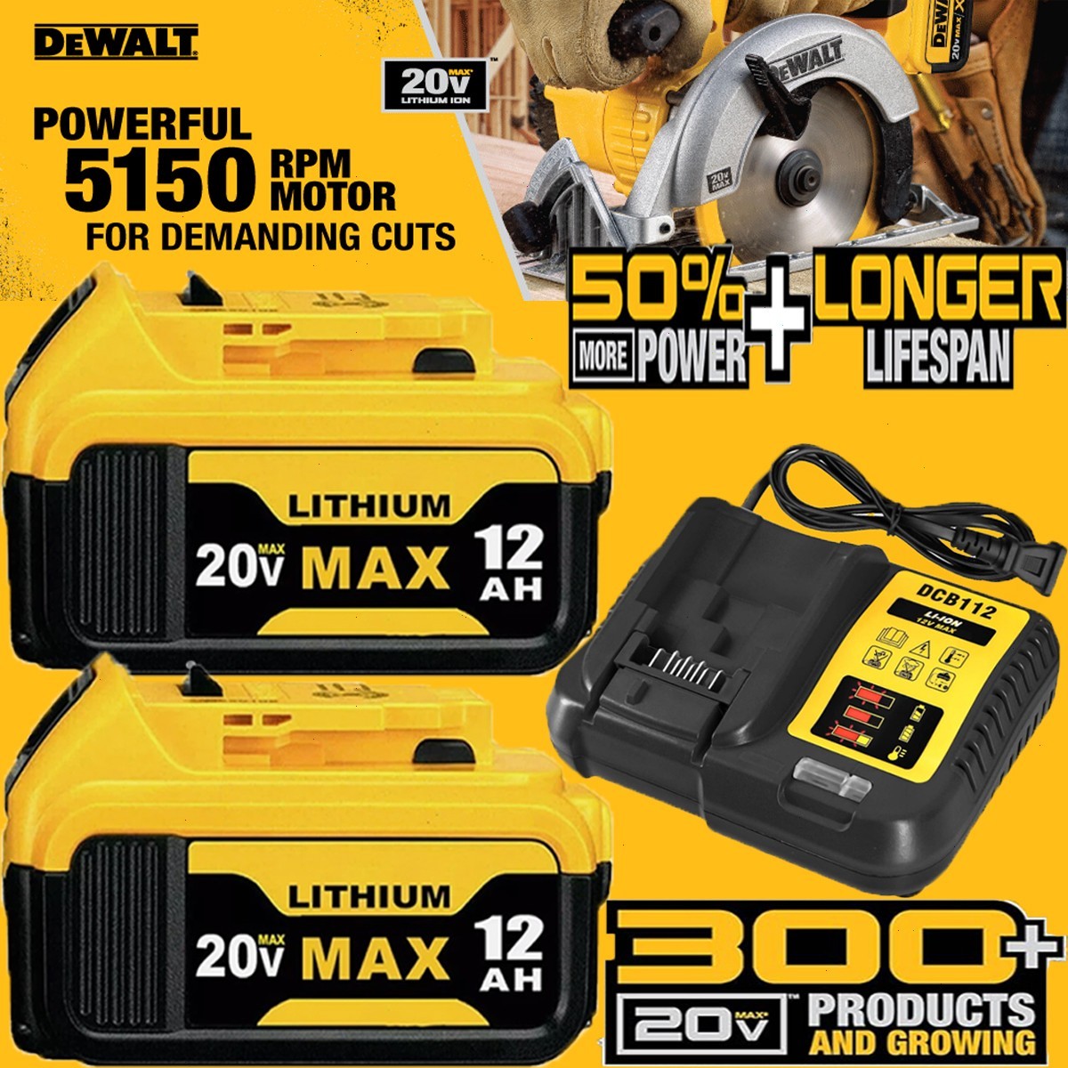 2Pack 12.0Ah For DeWalt 20V Max Lithium-Ion Battery AND Charger DCB206 DCB205