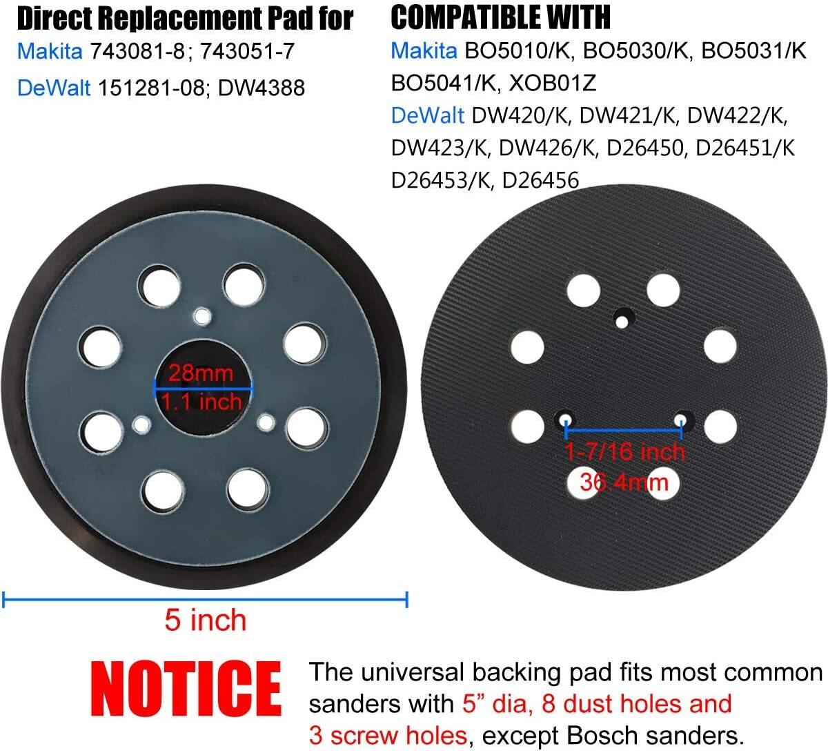 2-Pack 5 in Hook and Loop Sander Pad Replacement for Dewalt Makita Porter Cable