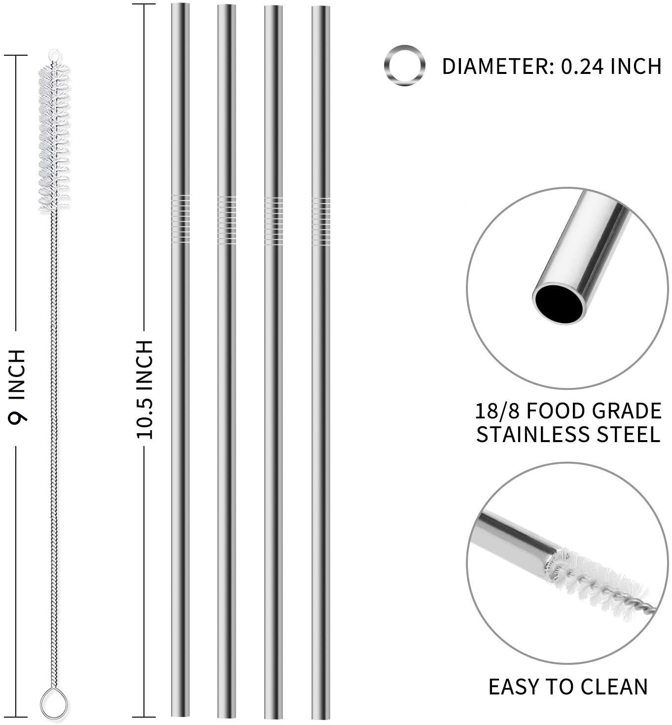 10.5In Stainless Steel Drinking Straws 4 Straight Reusable