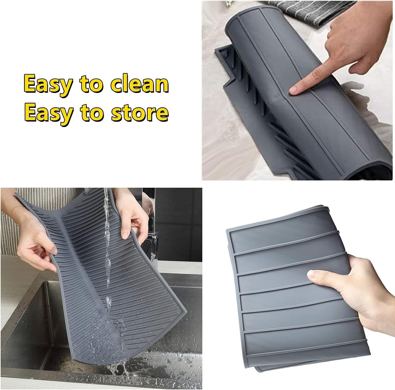 Silicone Dish Drying MatBuilt-in Drain Lip, Easy Clean Reusable Sink Mat,