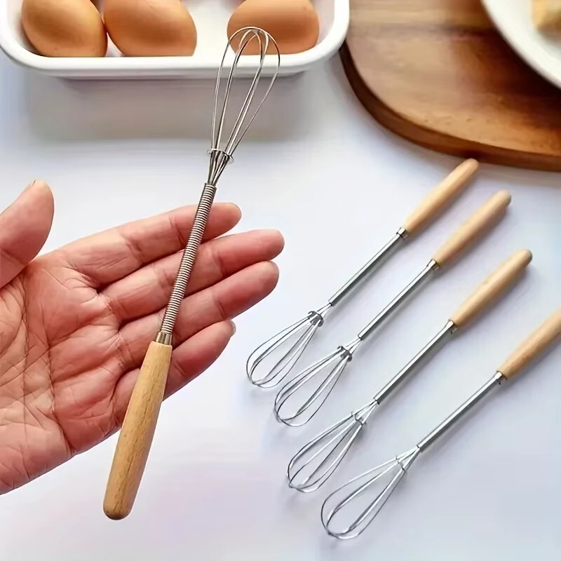 3Pcs Whisk With Solid Wood Handle Kitchen Mini Stainless Steel Egg Beater