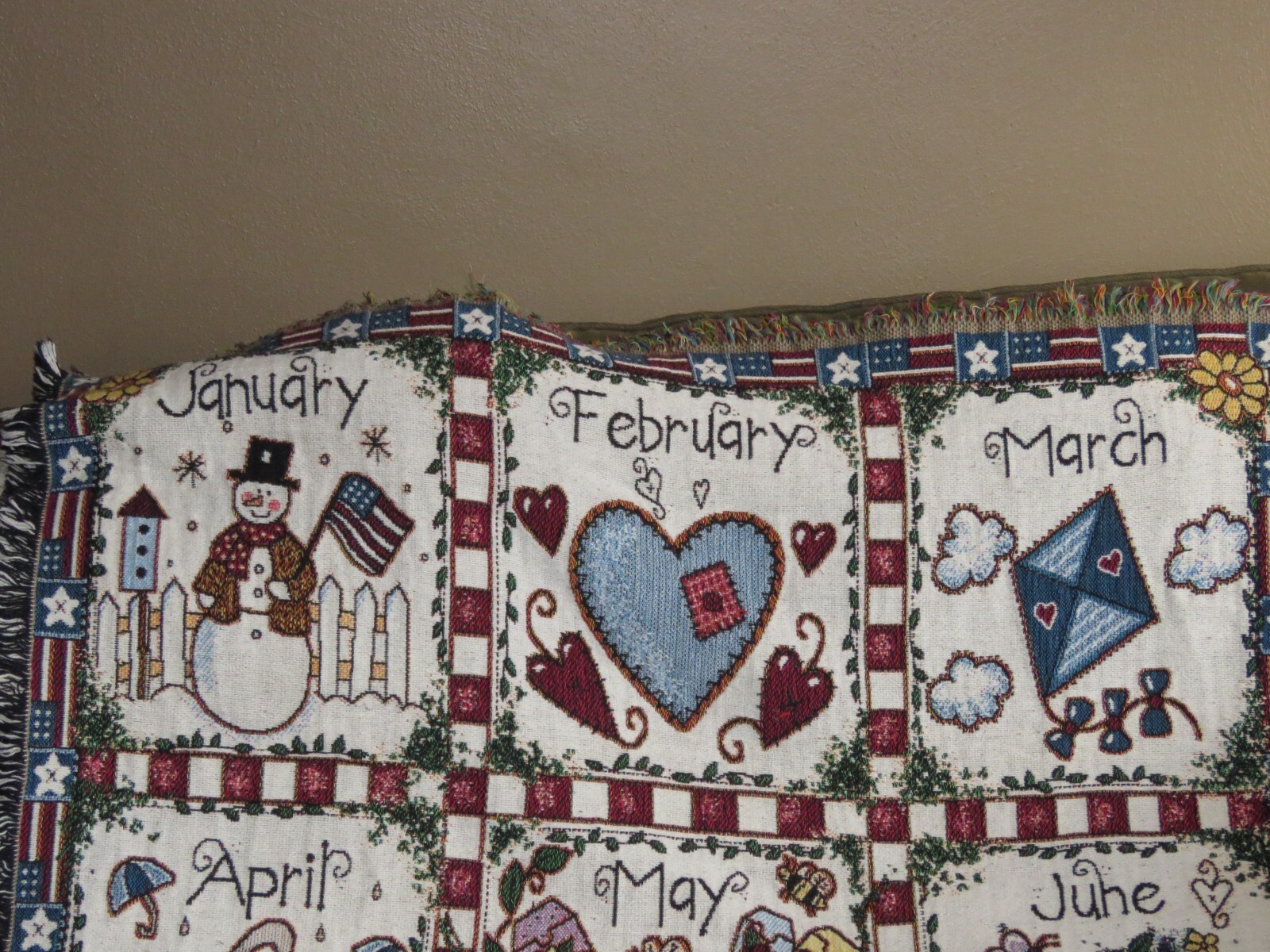 Tapestry Throw Afghan Blanket AMERICANA 12 Months Calendar Seasons VINTAGE