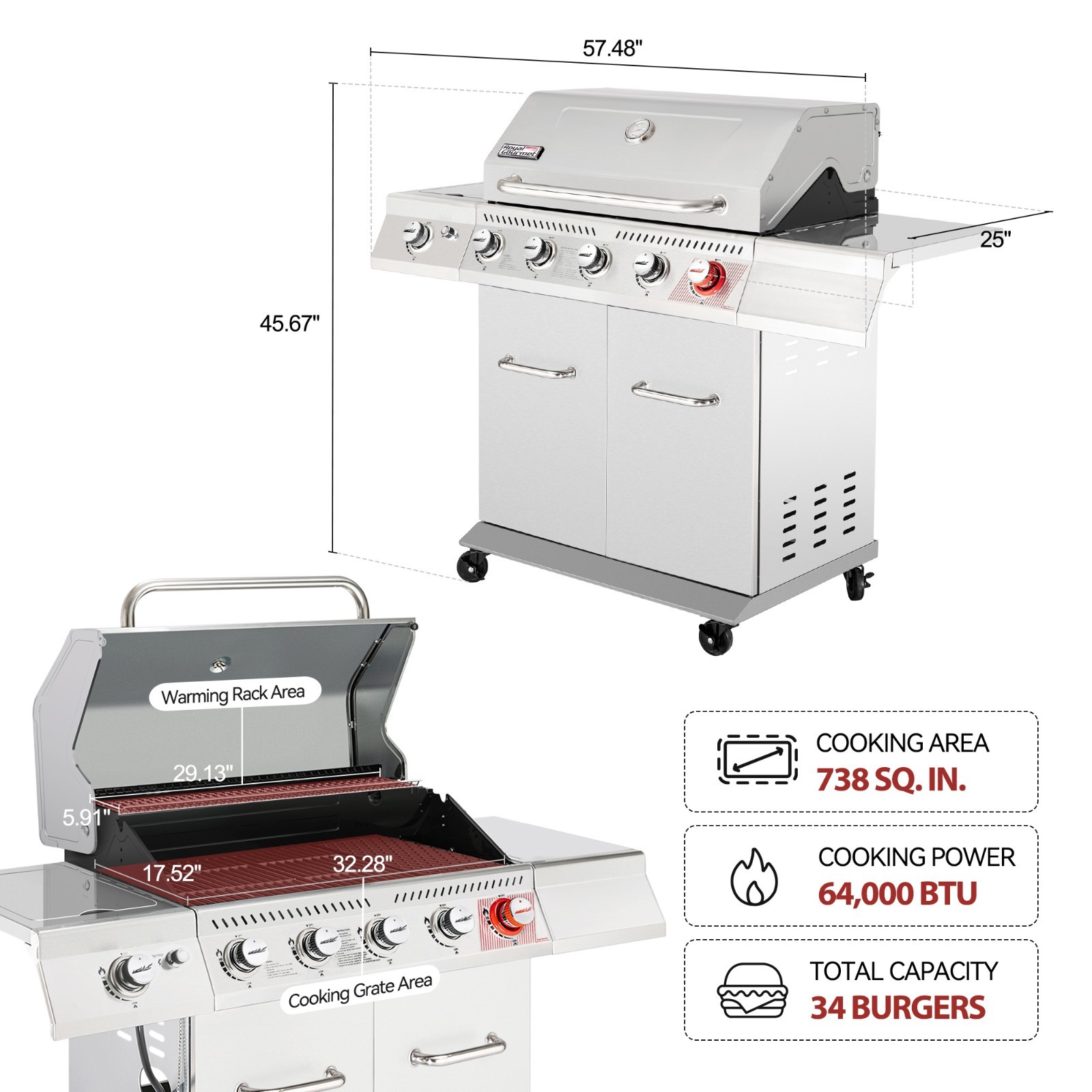 Royal Gourmet Gas Grill Stainless Steel 5-Burner with Rotisserie Kit Outdoor BBQ
