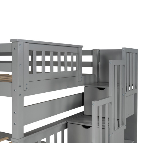 Full Over Full Bunk Bed w/ 6 Storage Drawers & Stairs For Kids Teens Adults Gray