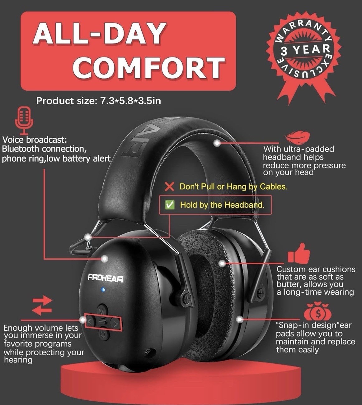 Prohear EM037 Bluetooth Hearing Protector Headphones 30dB Noise Reduction