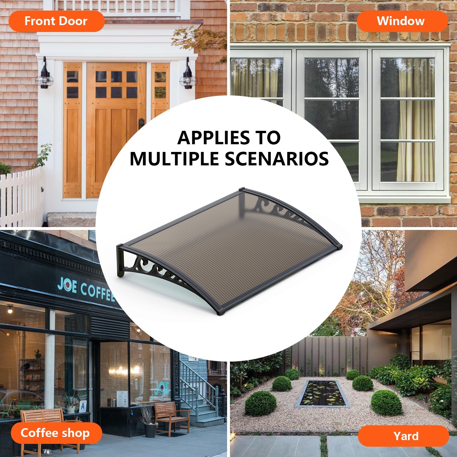 30-160″ Window Awning Front Door Eaves Canopy Polycarbonate Roof Sun Shade Cover