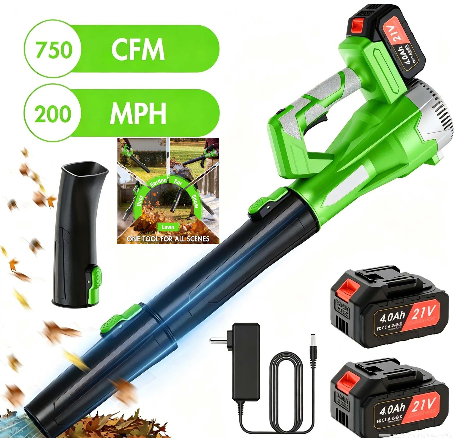 Cordless Leaf Blower 750CFM/200MPH & 6 Speed Levels Electric W/2 Batteries 4.0Ah