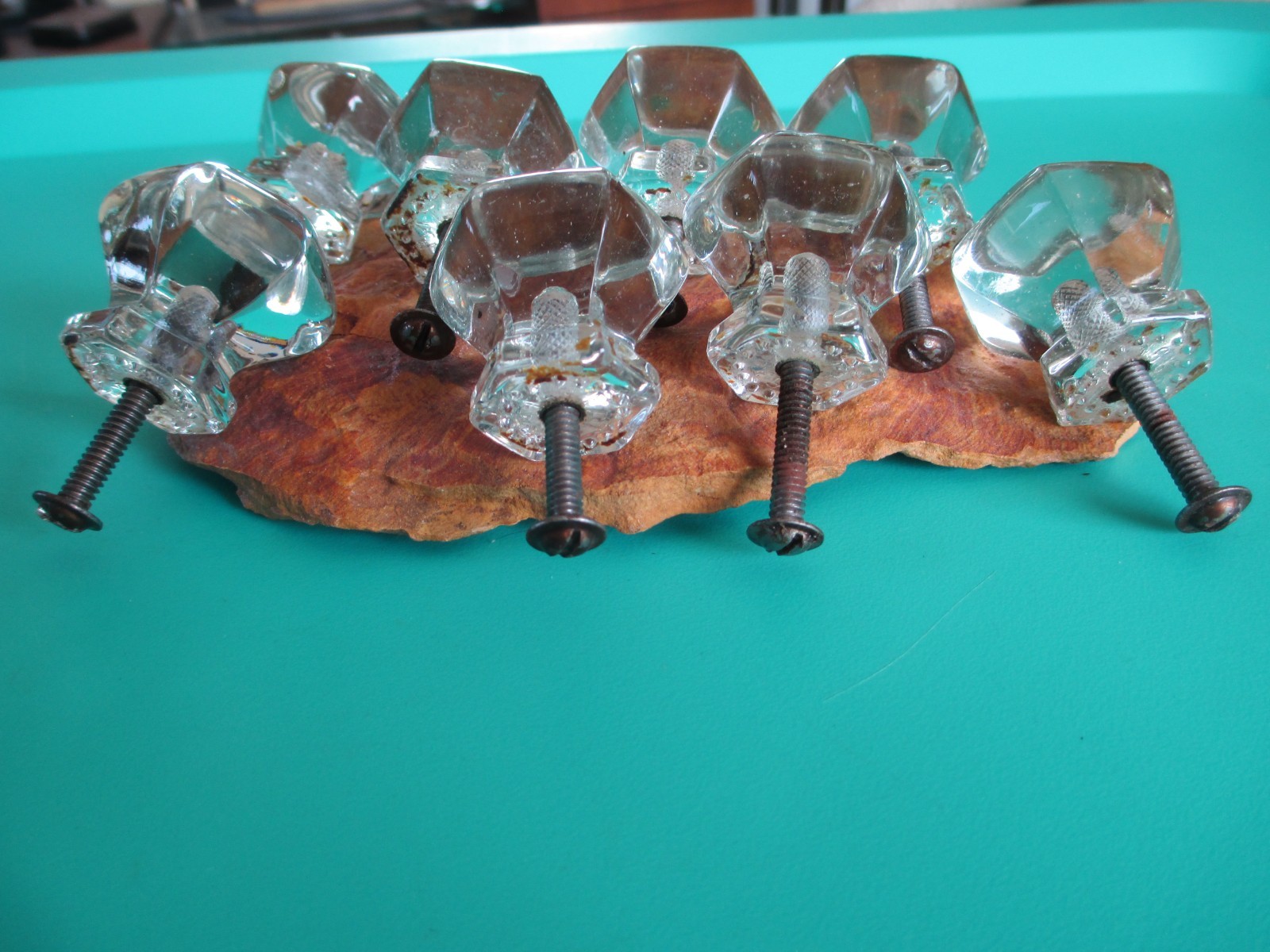 8 VINTAGE ANTIQUE ORIGINAL LARGE OCTAGON CLEAR GLASS CABINET DRAWER KNOB PULLS