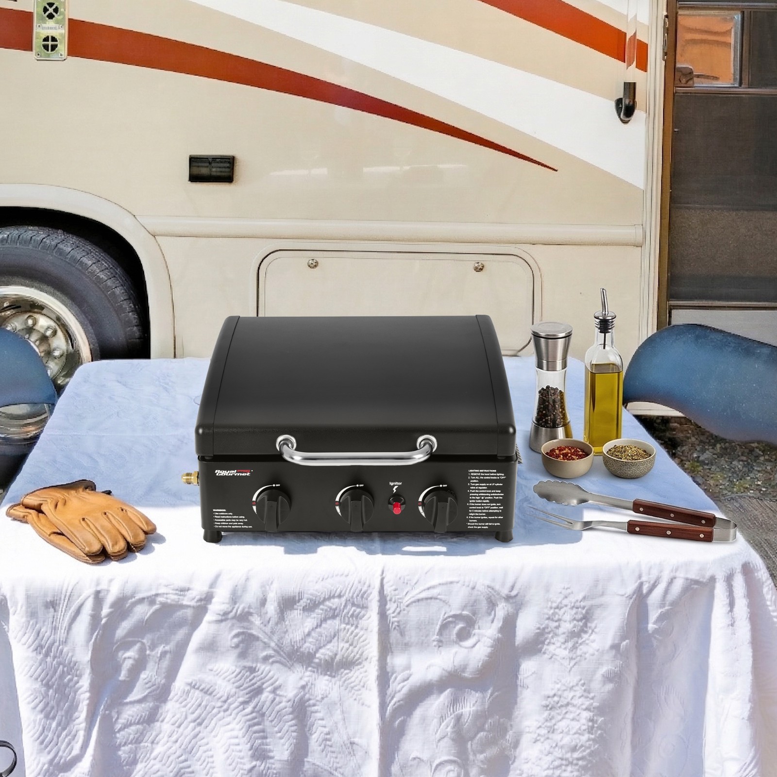 Royal Gourmet Portable 3-Burner Propane Griddle with Hood for Outdoor Cooking