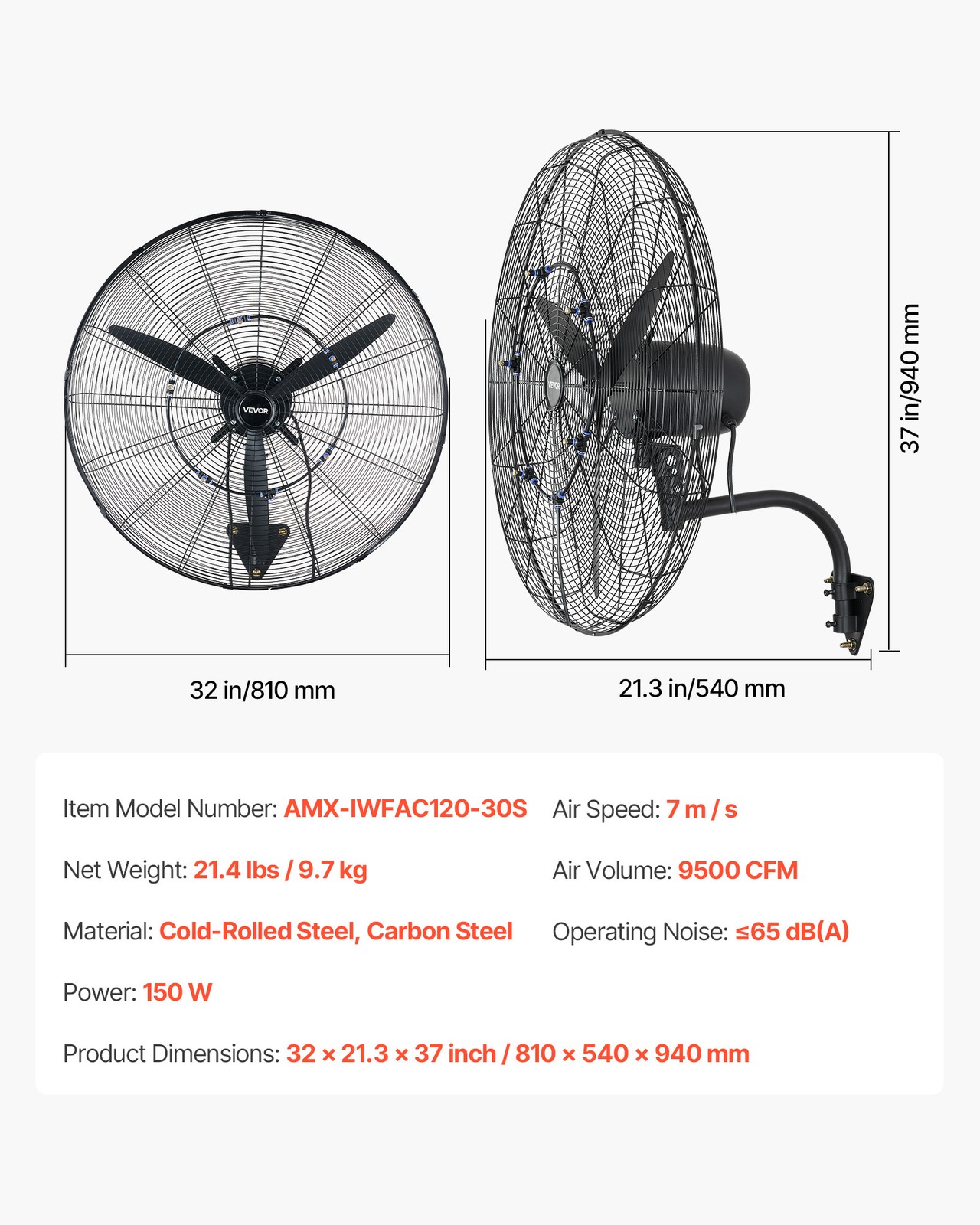 VEVOR Wall Mount Fan 30 in Oscillating w/ Mist 3 Speed IP44 Garage Workshop