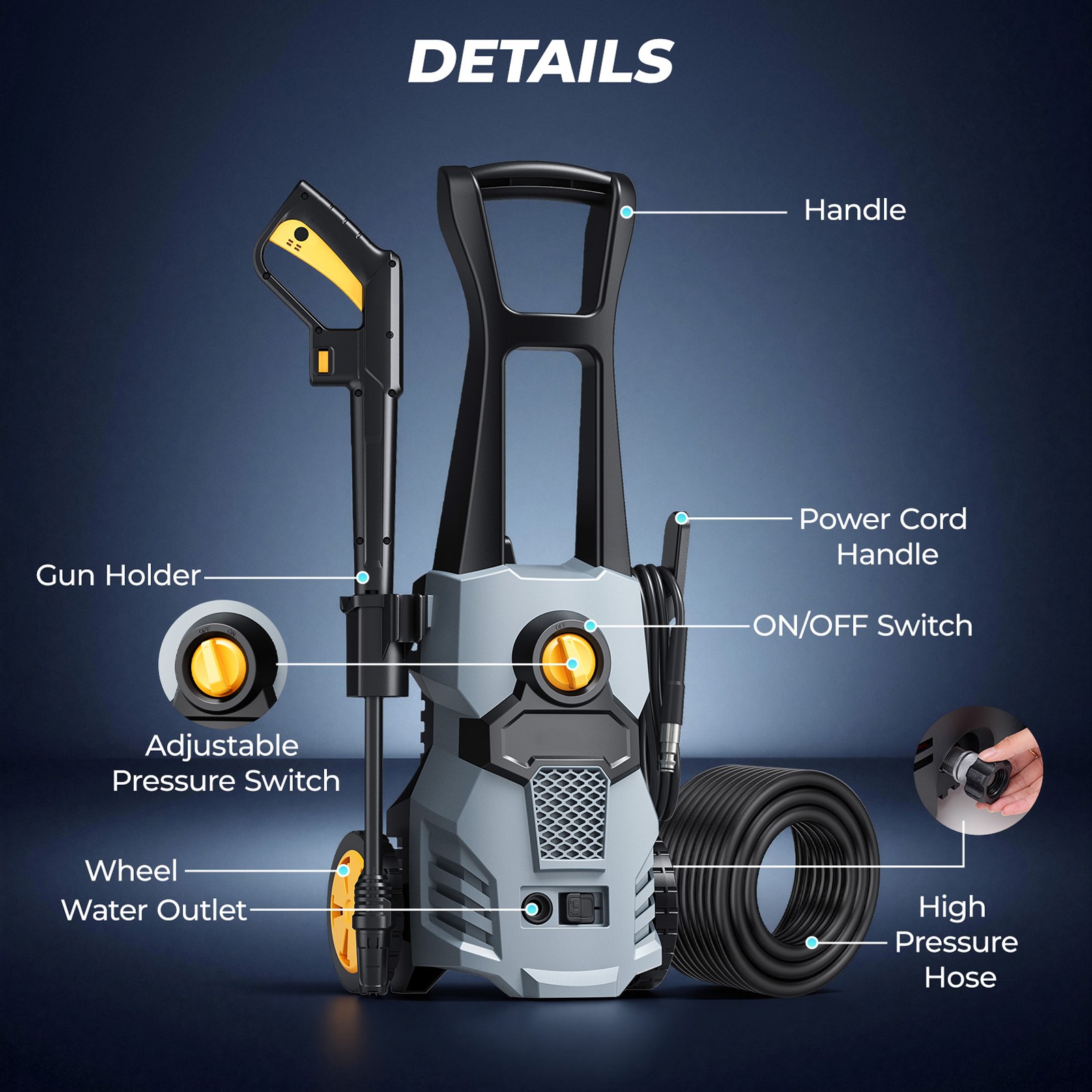 Electric Pressure Washer 1500W High Pressure Washer Portable with 4 in 1 Nozzle
